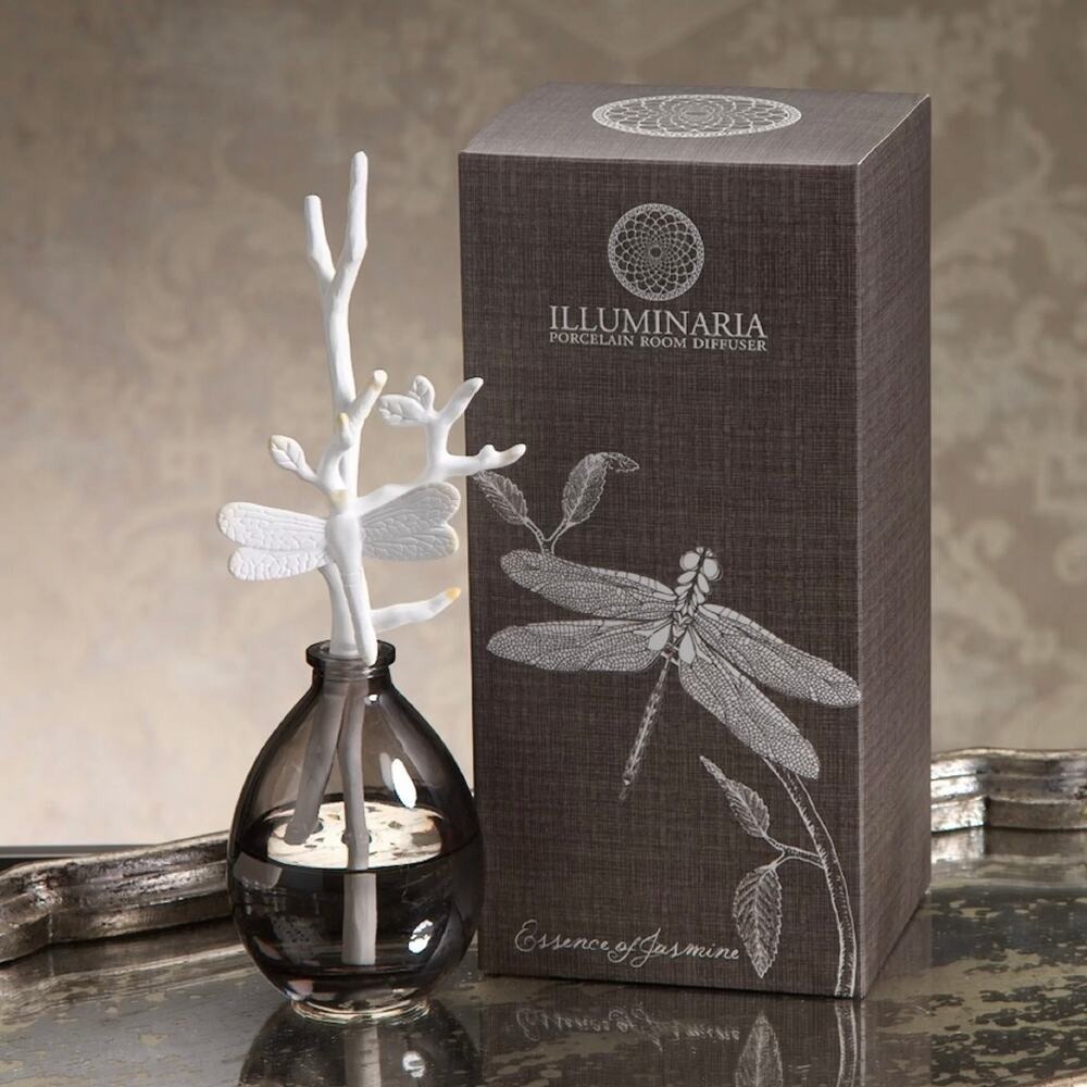 ILLUMINARIA Porcelain Room Diffuser Essence of Jasmine Gray White Dragonfly NEW